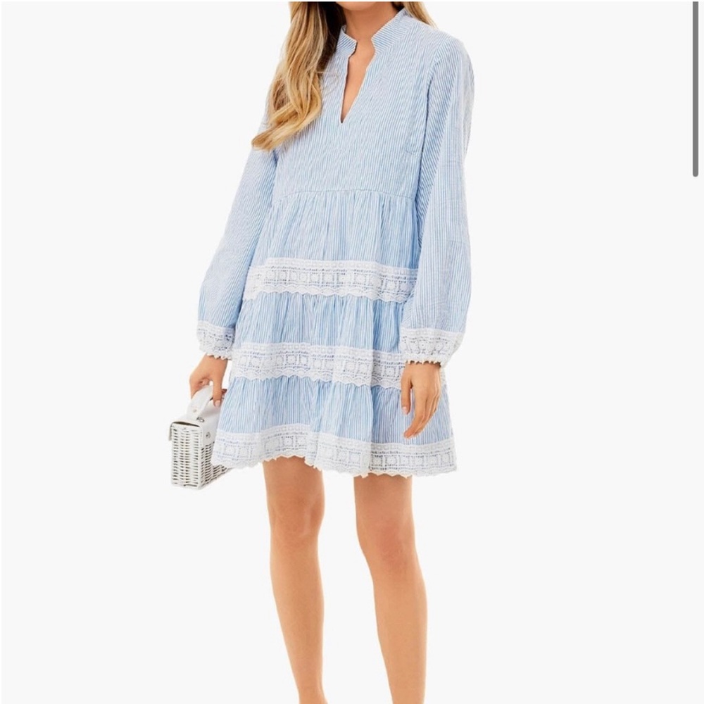 SAIL TO SABLE X STYLE CHARADE Blue Seersucker Charlotte Dress NWT